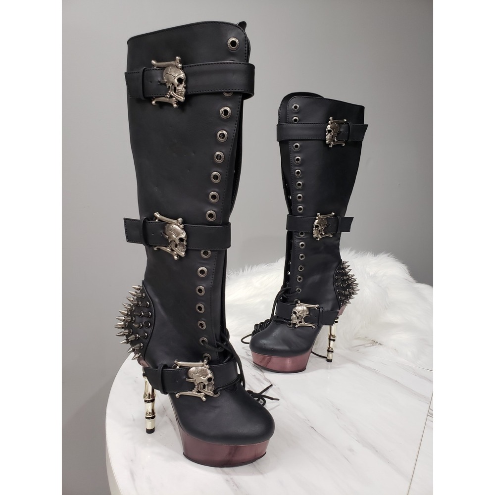 SIZE 7 DEMONIA Muerto Bone High Heel Spiked Skull Buckle Moto gothic Knee Boots